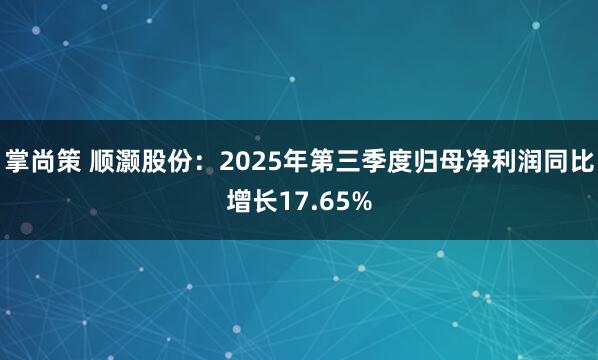 掌尚策 顺灏股份：2025年第三季度归母净利润同比增长17.65%
